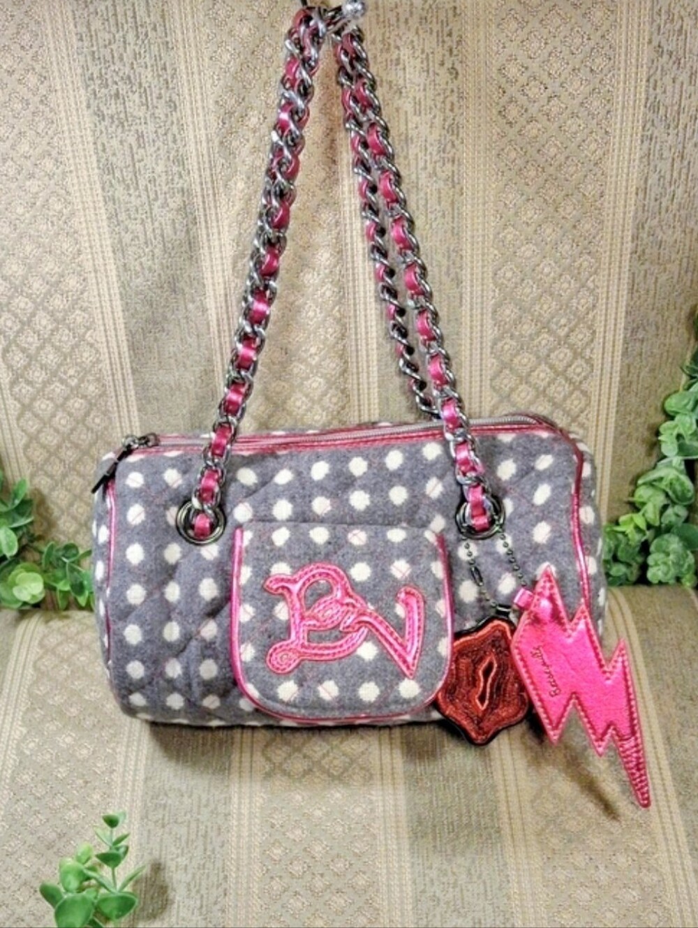 Rare Vintage Betsey Johnson Betseyville Polka Dot Wool Barrel Bag With Charm